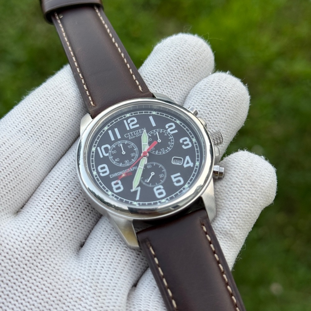 Citizen eco drive Chronograph with Black Dial and Brown Strap - Picture 2 of 9